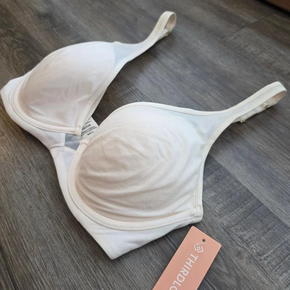 ThirdLove 24/7 Cotton Plunge Bra Sea Salt Cream Off White 34C 1/2 NWT